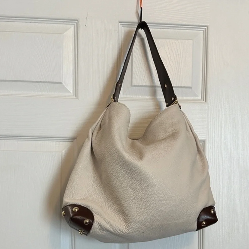 MICHAEL Michael Kors Bedford Cream and Brown Hobo Bag Gold Hardware Soft Leather